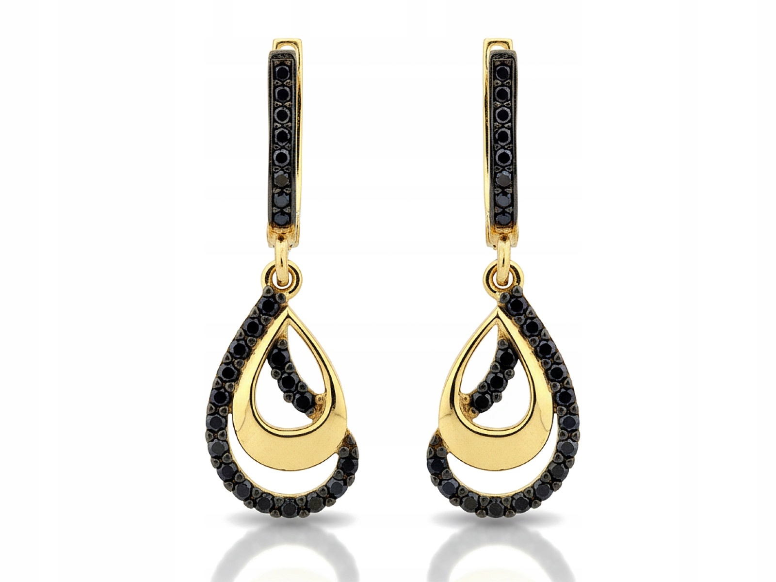 Anglické zlaté náušnice visící 585 kapky s černými zirkony