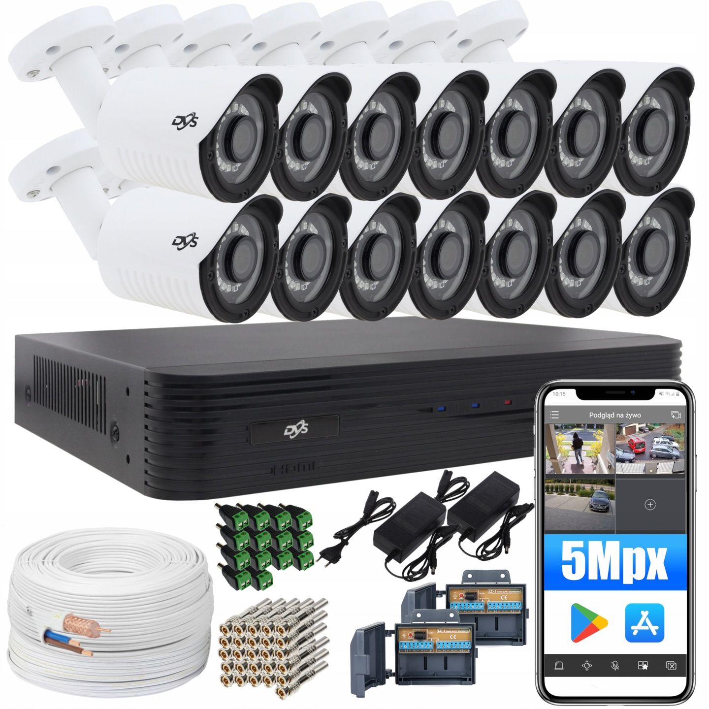 ZESTAW 14 ZEWNĘTRZNYCH KAMER MONITORING DOMU FIRMY SKLEPU 5MPx DVS P2P