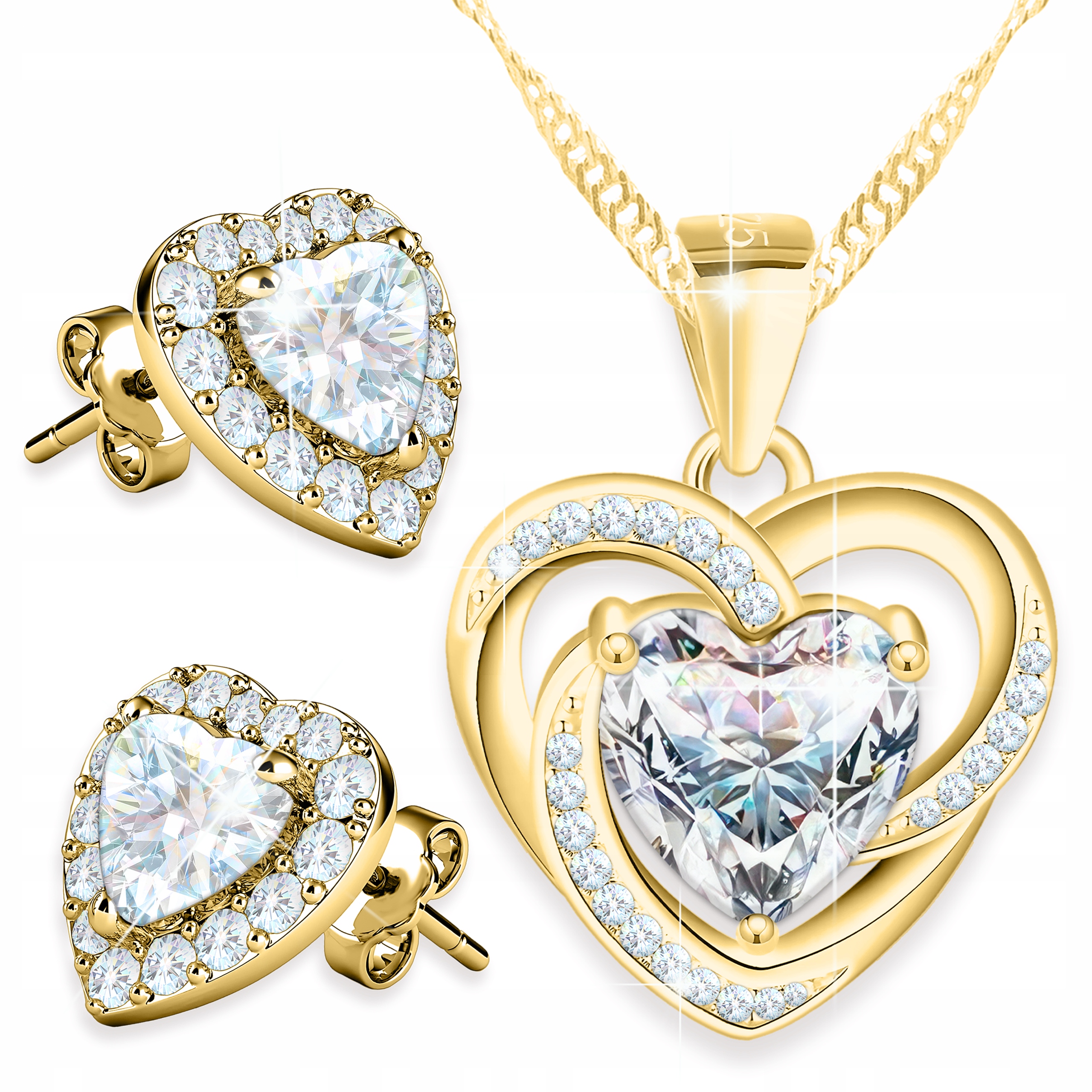 Zlatá Sada Náhrdelník a Náušnice Bílá Křišťálová Srdce Heart Stříbro 925