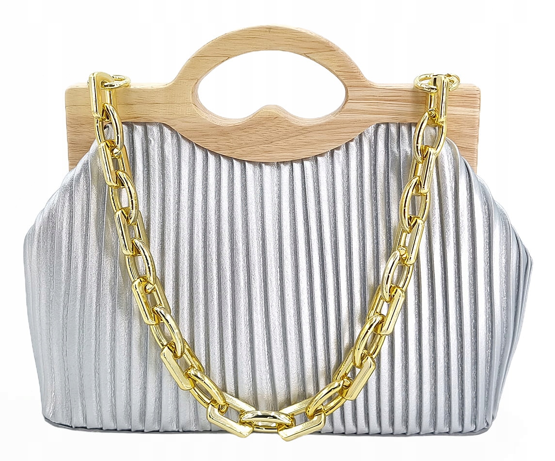 Stříbrná kufřík dámská kabelka s dřevěnými ručičkami