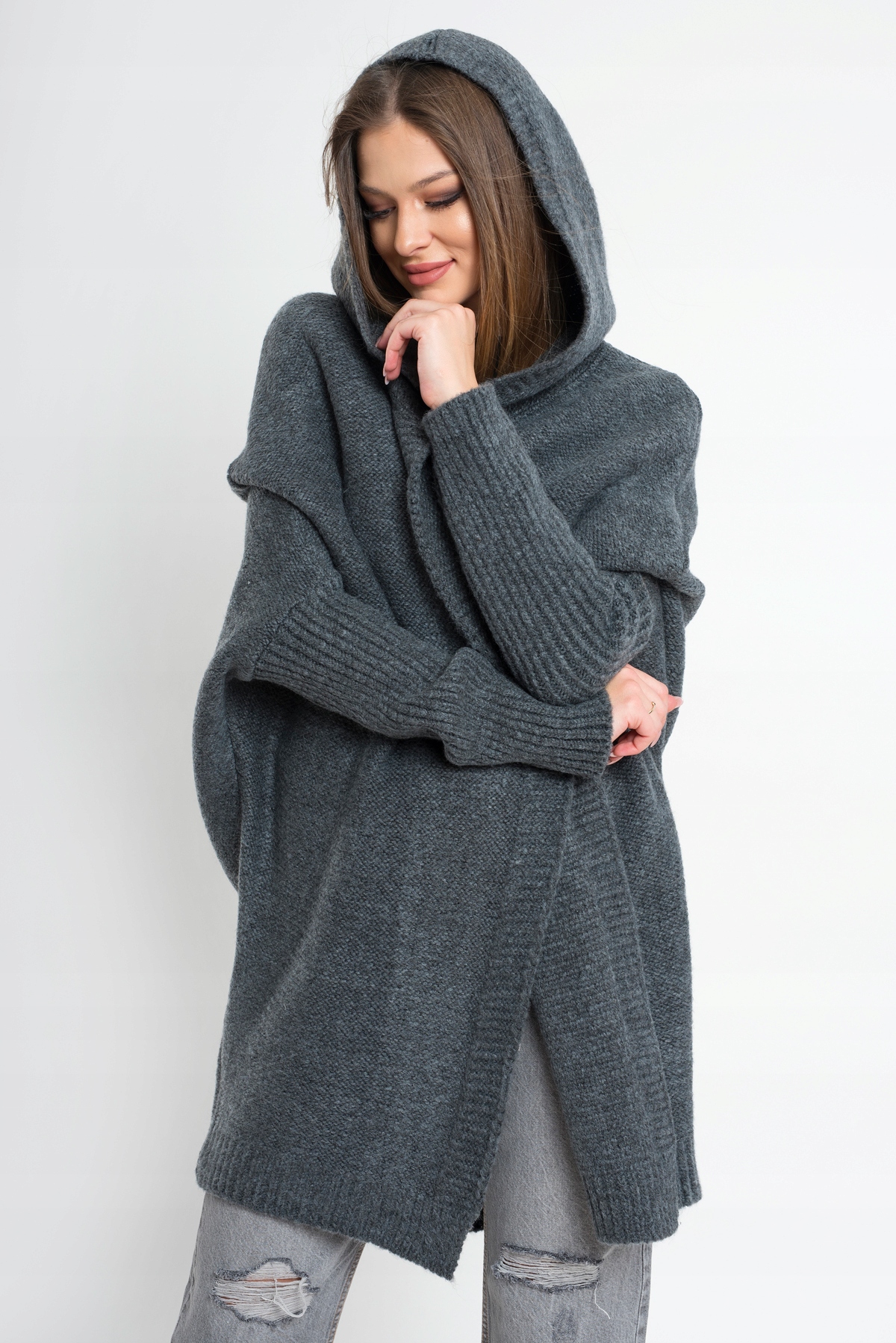 NEIRO LUŹNY SWETER KARDIGAN Z KAPTUREM OVERSIZE Materiał dominujący akryl