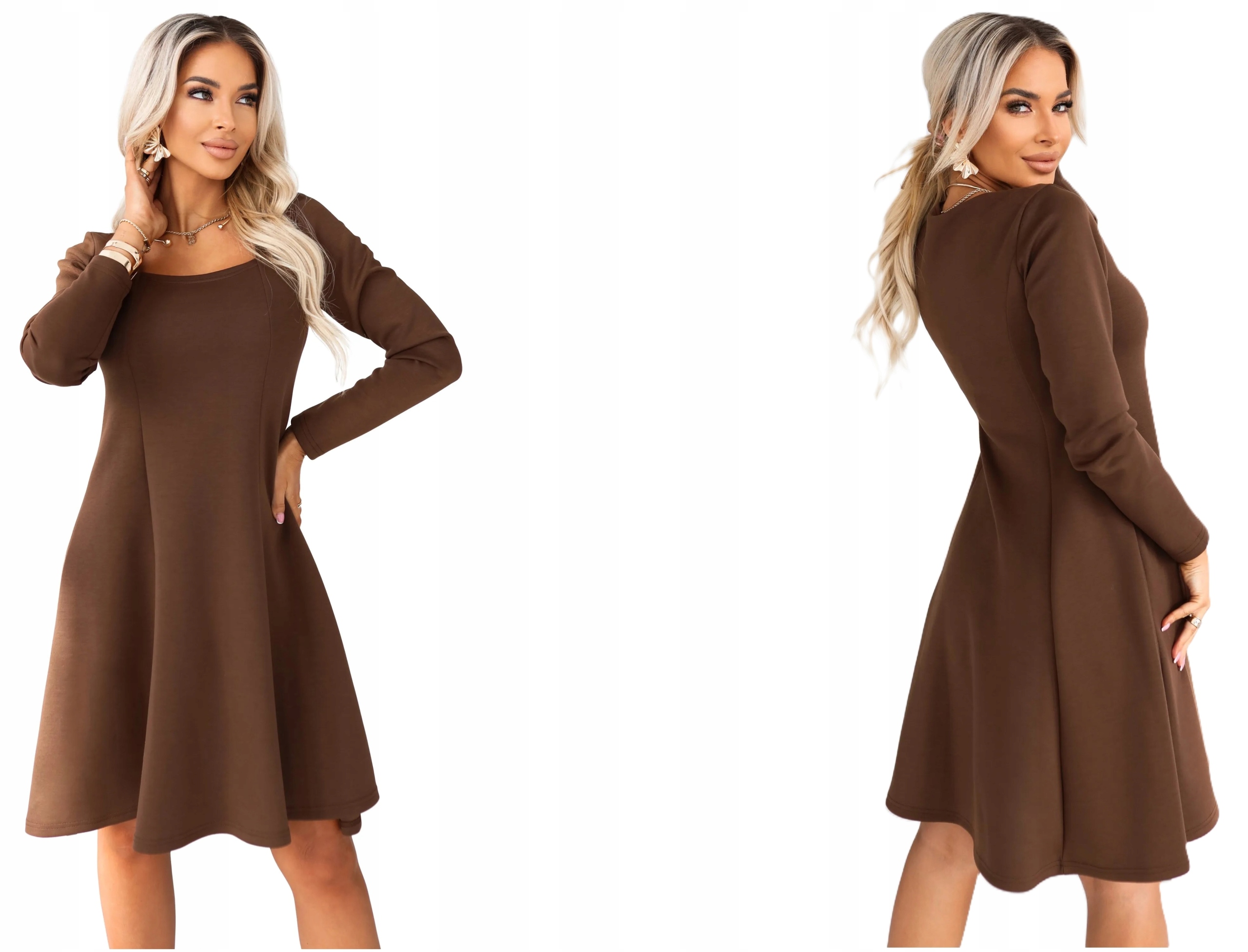 Pohodlné Klasické Šaty S Dlouhým Rukávem Čokoládové, Velikost M