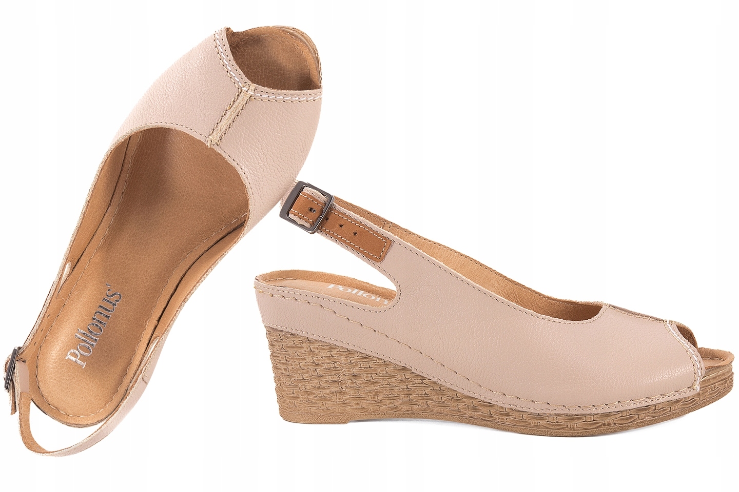 Pollonus 0824 Dámské Kožené Sandály Na Klínku, béžové, velikost 38, béžová