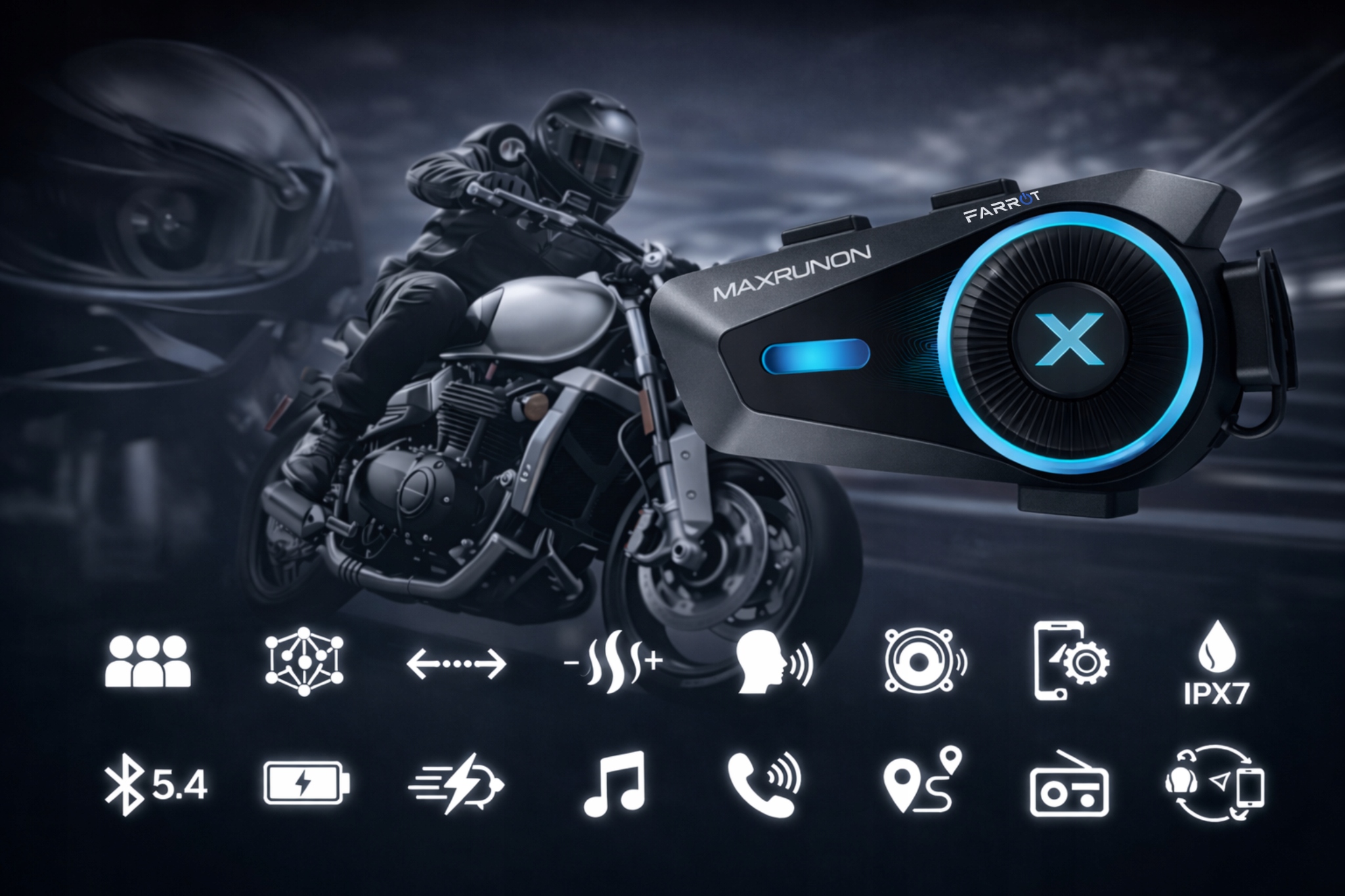 Interkom Motocyklowy do kasku Mesh 1.6km Bluetooth 5.4 IPX7 ANC 160km 2 szt