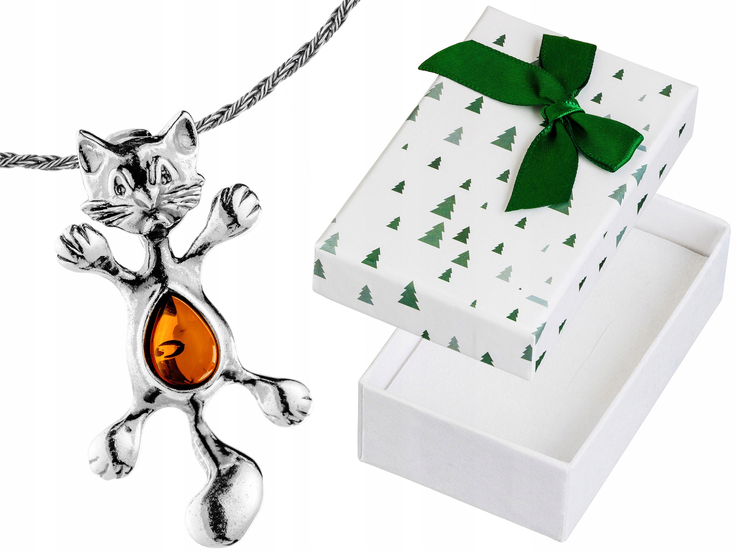 Velký Stříbrný Náhrdelník Kočka s Jantarem Oxidovaný Kocourek Jantar Dlouhý 75 cm