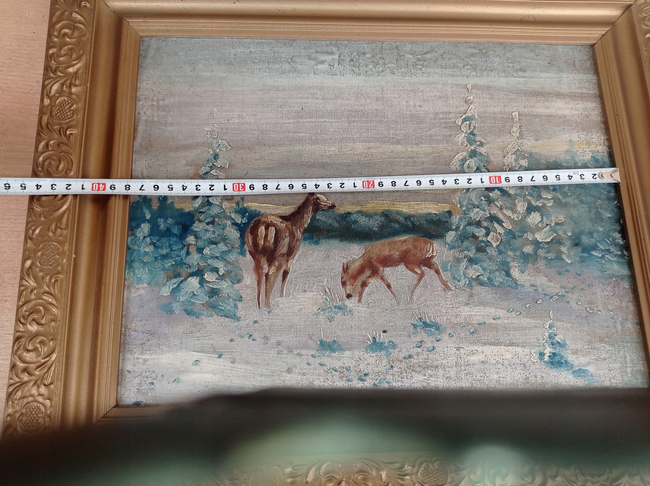 STARY OBRAZ OLEJNY -ZIMA -SARNY Oryginalność oryginał