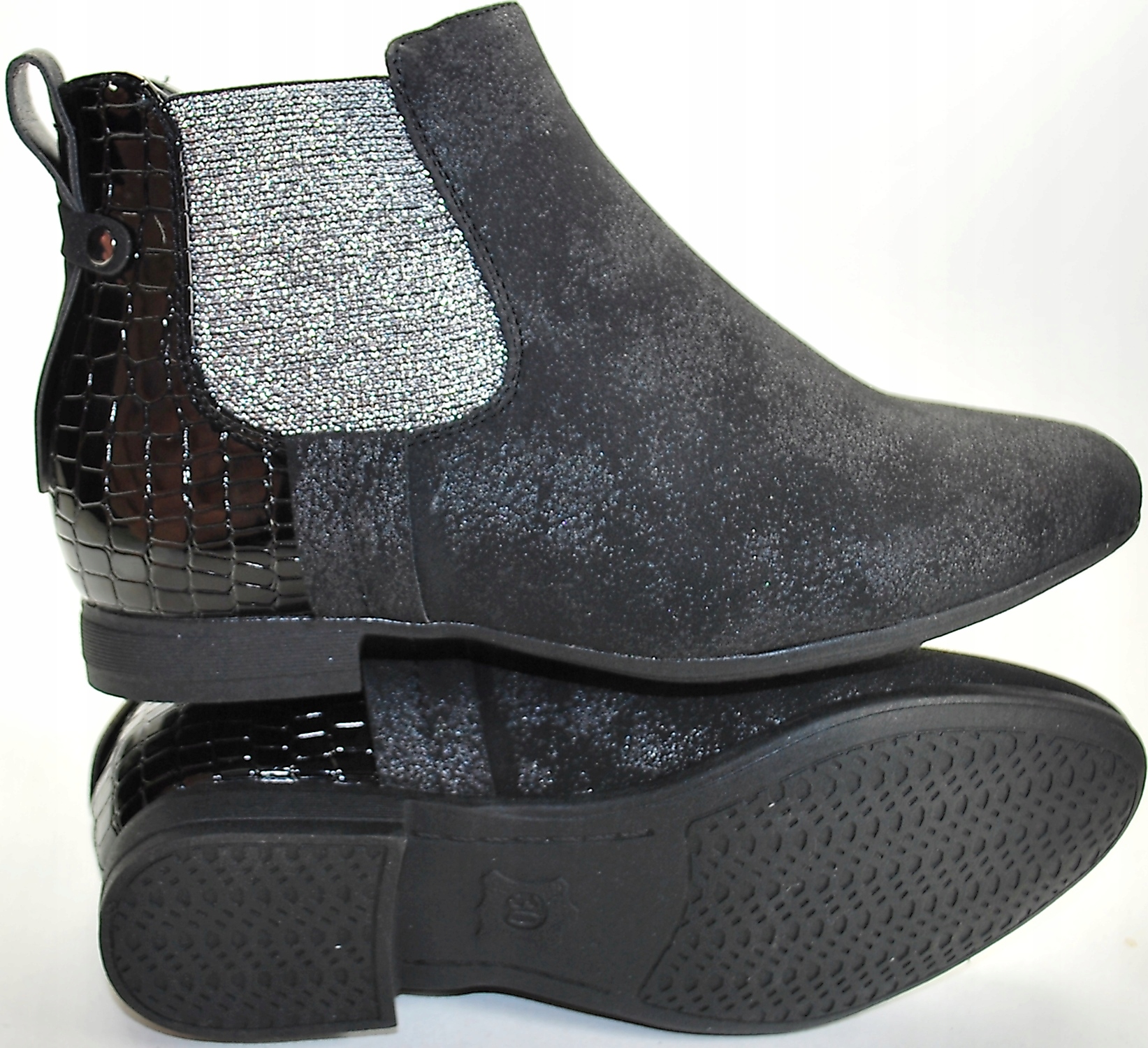 CZARNO SREBRNE ELEGANCKIE BOTKI SZTYBLETY r 33 Długość wkładki wew. 21.7 cm