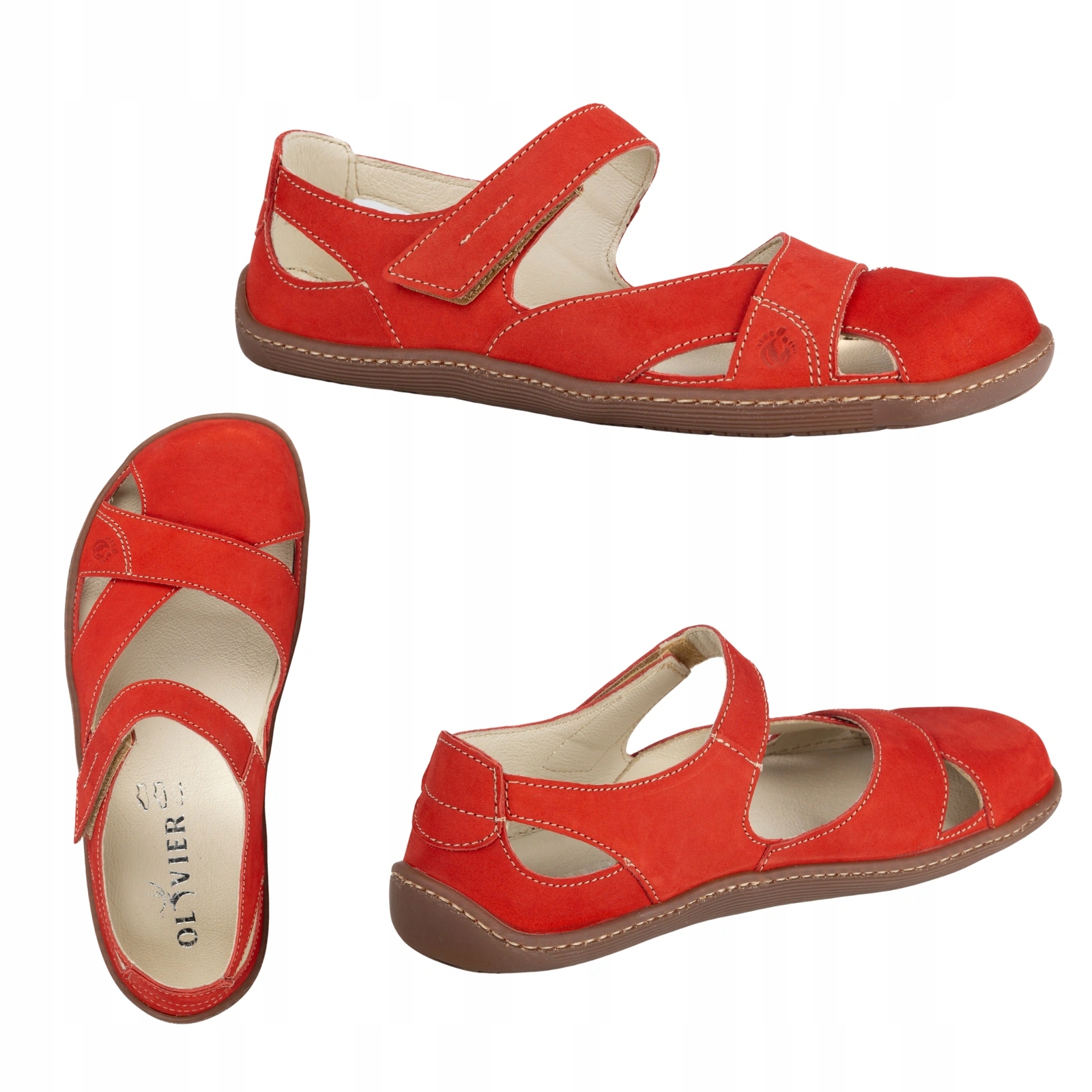 Dámské barefoot kožené sandály Olivier Clariss na suchý zip, červené, velikost 40
