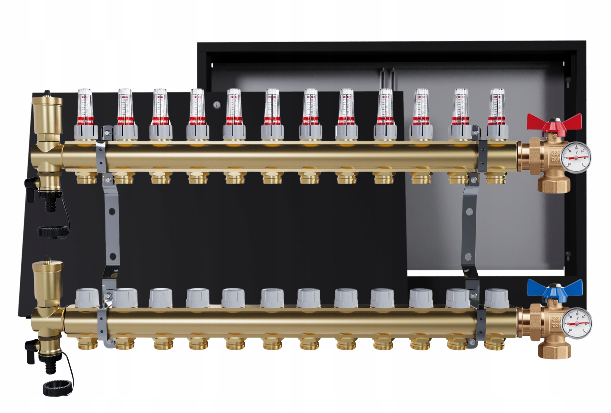 Rozdělovač Pro Podlahovku 12 Okruhů Ventily Nástěnná Skříňka Černá
