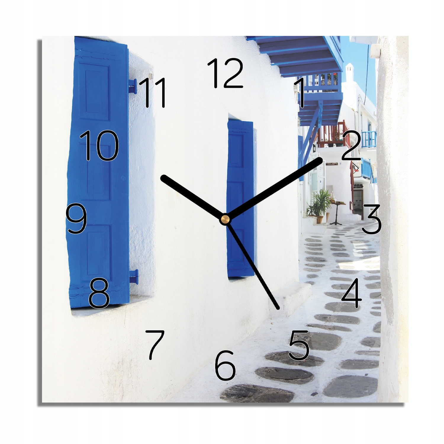 Ulice Santorini hodiny na skle s černými číslicemi 30x30