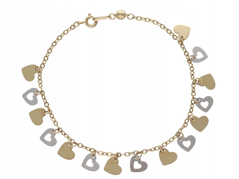 

Złota bransoleta 585 z wiszącymi serduszkami 3,67g