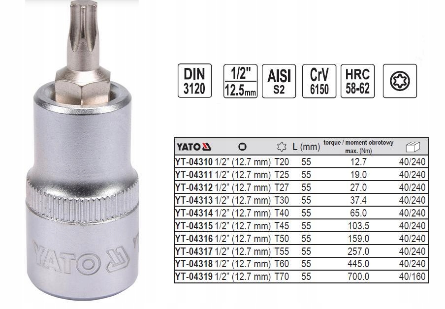 Klucz Trzpieniowy Torx 1/2" T40 L55MM YT-04314