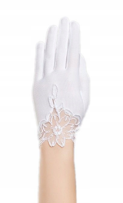 RĘKAWICZKI KOMUNIJNE, białe rękawiczki dziewczęce LYCRA RK0042