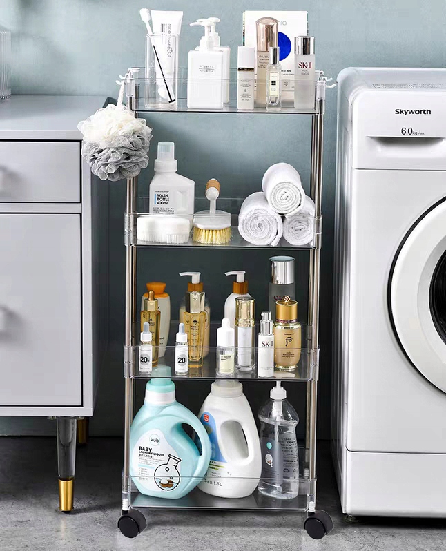 PÓŁKA ŁAZIENKOWA NA KÓŁKACH WĄSKA KUCHENNA SZAFKA ORGANIZER REGAŁ 9cm3PÓŁKI Szerokość mebla 9 cm