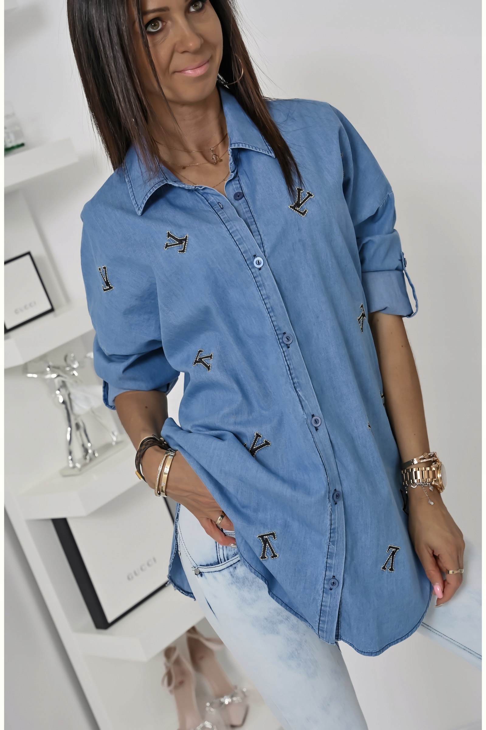 CASUALOWA JEANSOWA KOSZULA OVERSIZE EMMELINE! WZ.12 M Wzór dominujący bez wzoru