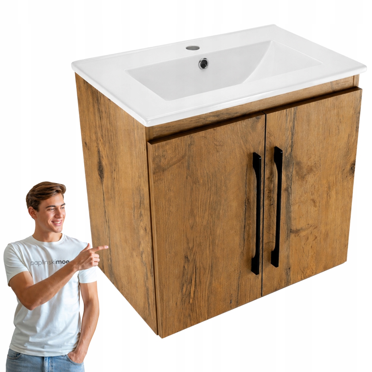 Szafka Łazienkowa 60 Wisząca Z Umywalką Ceramiczną Praktyczna Dąb Lancelot