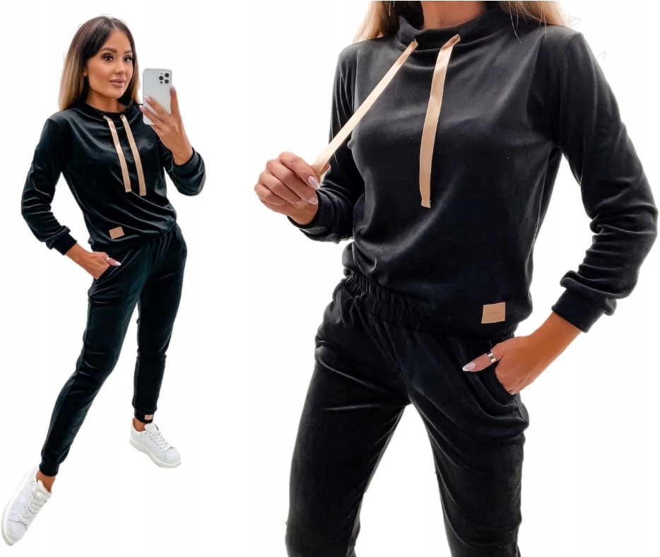 Modny Komplet Dresowy Welurowy Dresy Damskie Spodnie Bluza L