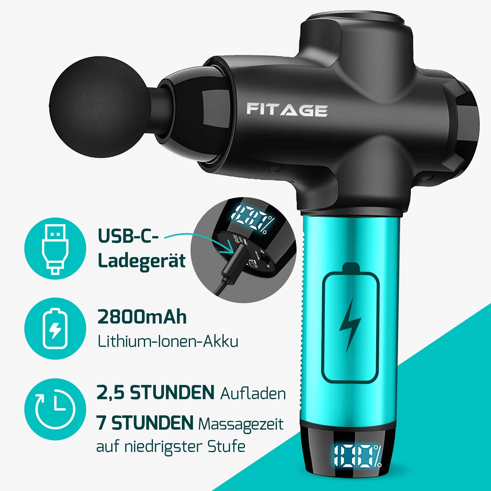 FITAGE Pistolet Do Masażu Cichy 30 Prędkości 12 Końcówek Na Ciało — miniatura 5