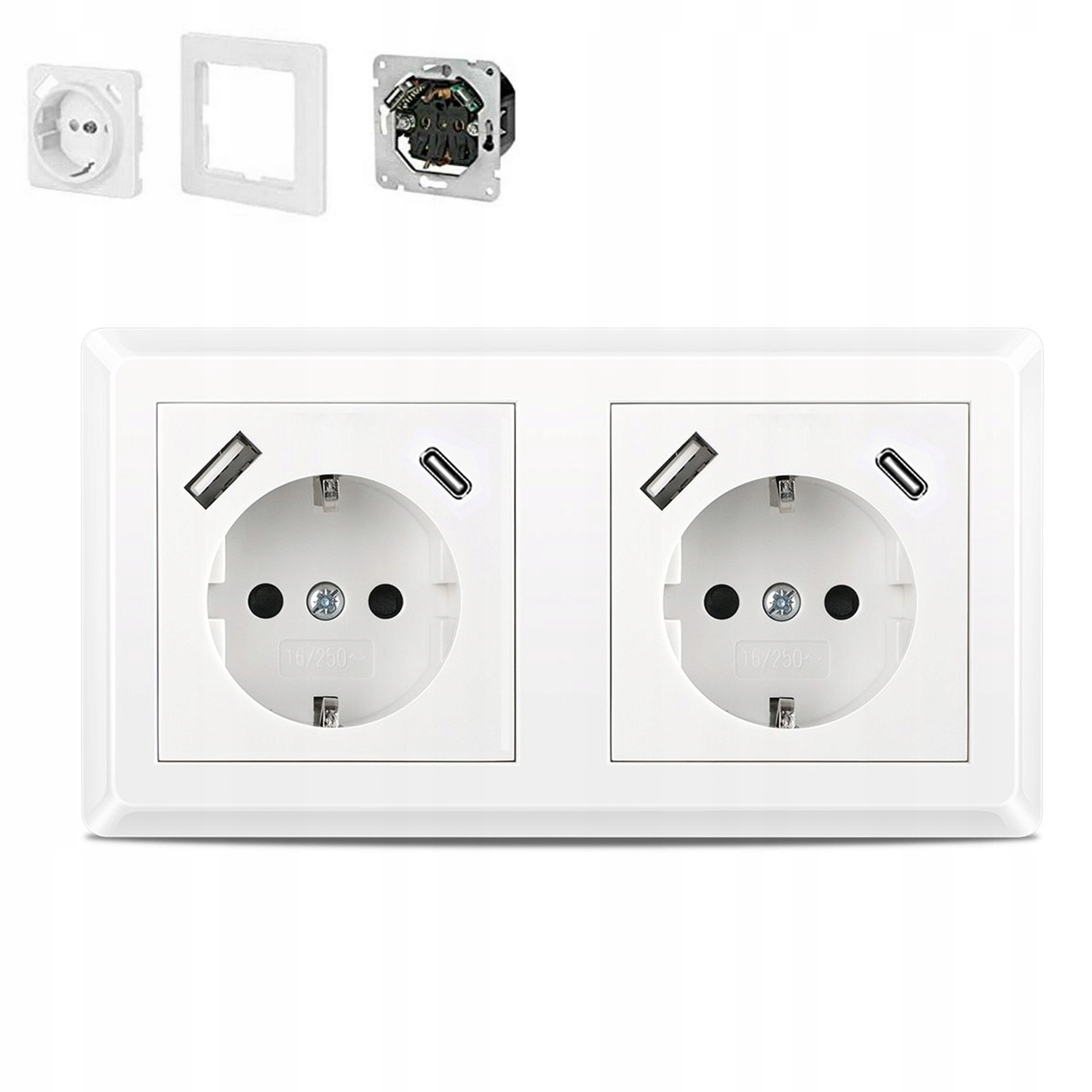 Dvojitá Skleněná Zásuvka Bílá S Kolíkem A Nabíječkou Usb Typ A+c 2.1A