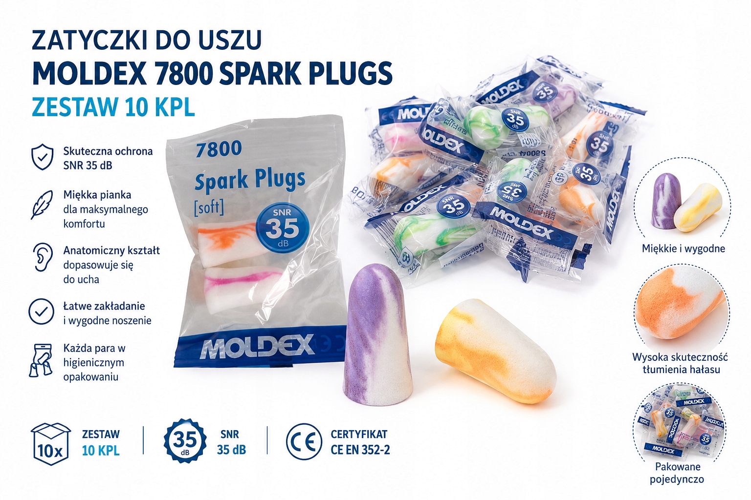 Zatyczki do uszu Moldex 7800 Spark Plugs – 10 par (10 kpl.) Snr 35 dB