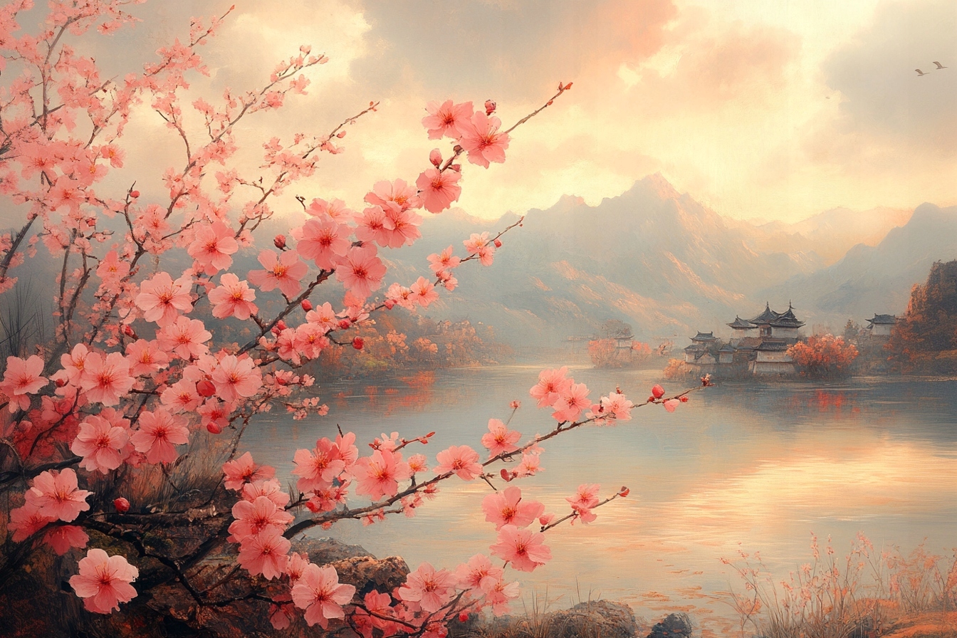 Obraz Na Plátně Canvas Krajina Pagoda Dřevo Květiny Višeň Sakura 120x80