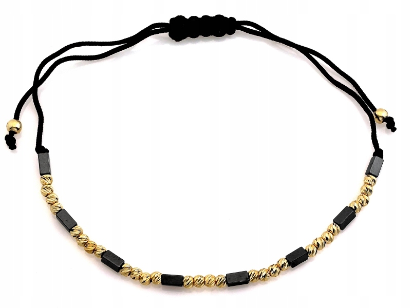 Zlatý náramek 585 kuliček a krychlové hematity na černém 14kt provázku