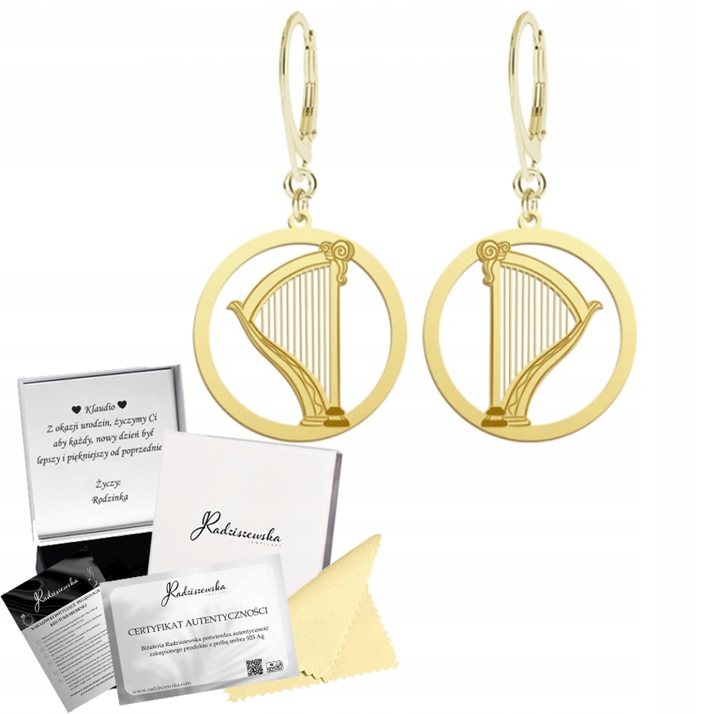 Náušnice Zlaté S Harfou Závěsné Harfa Stříbro Dárek Žena Gravírování Bonus