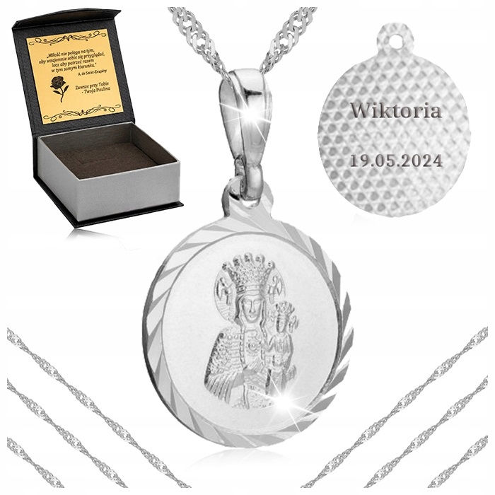 Stříbrný Náhrdelník Medaile Matka Boží 925 Dárek Svaté Přijímání Křest Gravírování