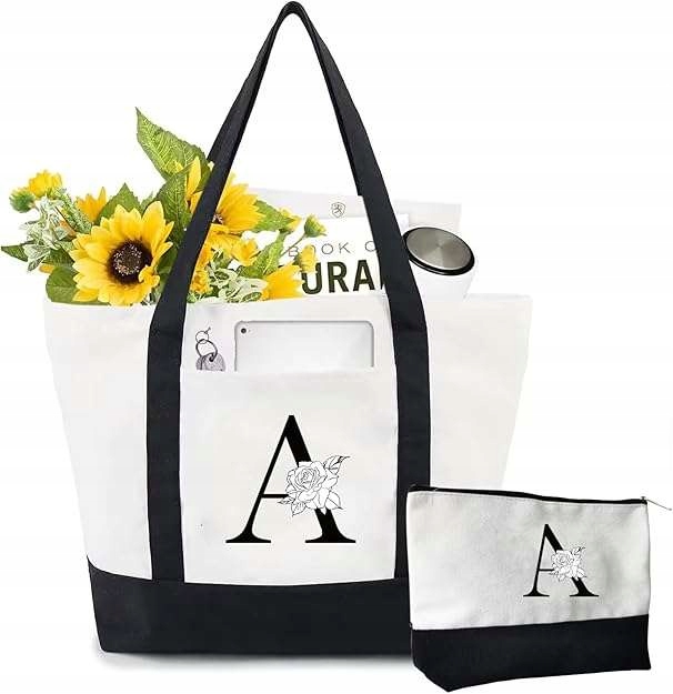 Plátěná shopper taška s písmenem A kosmetická taška 38x53 cm černobílá