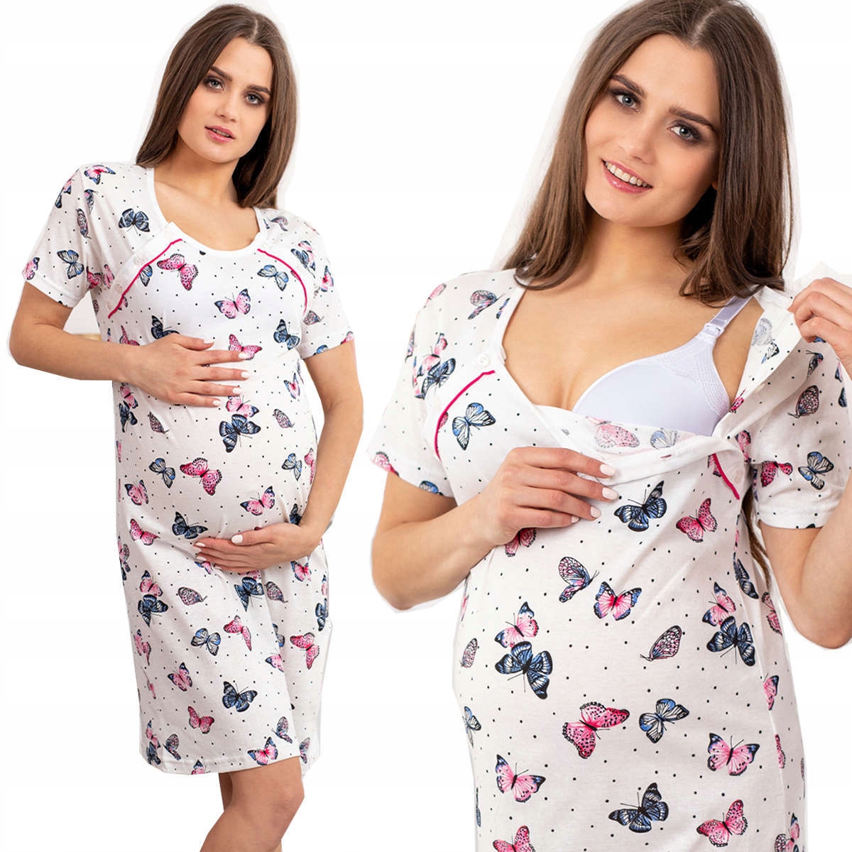 Koszula Nocna Piżama Ciążowa Porodu Karmienia L-Zdjęcie-0