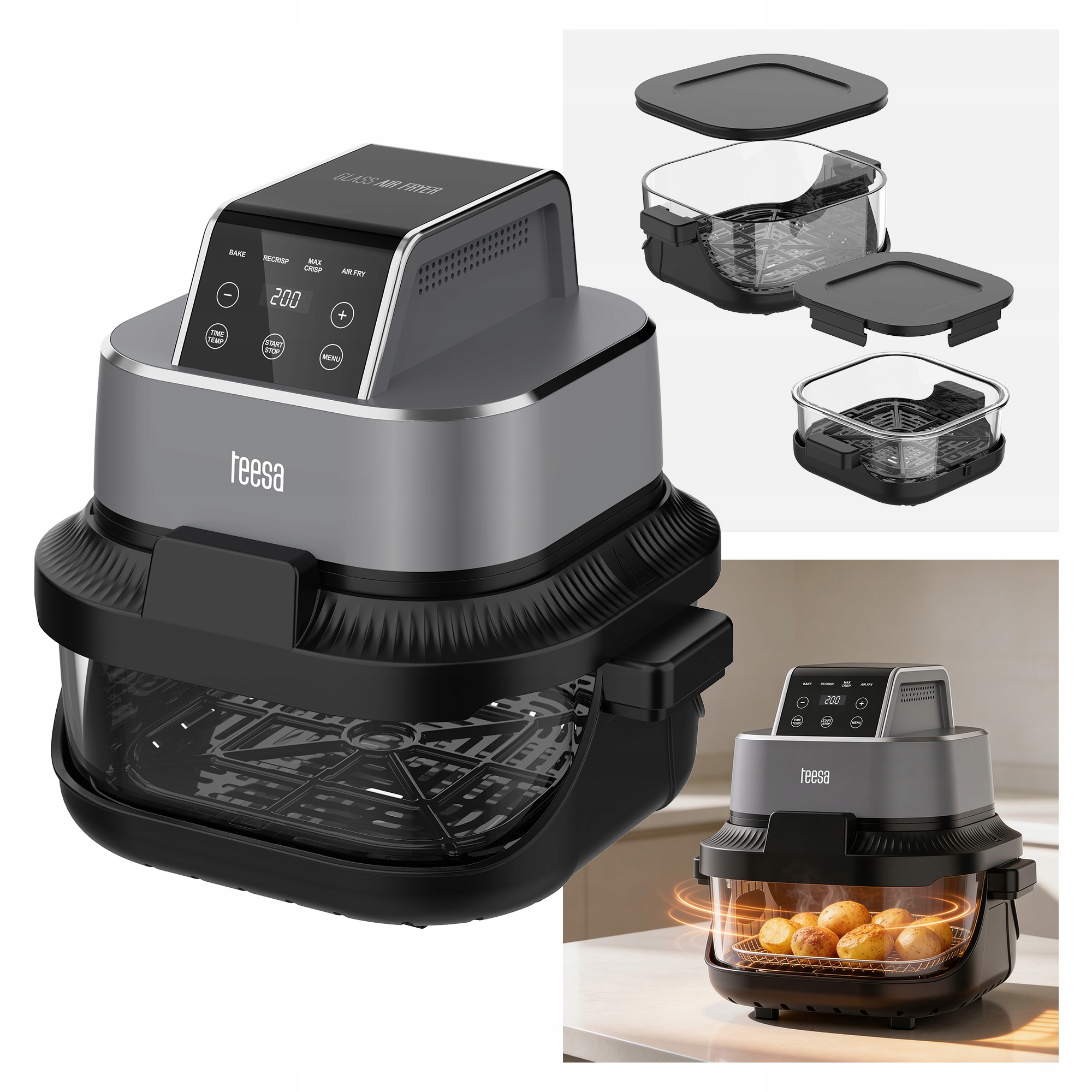 Beztuková fritéza Teesa Glass Air Fryer 1500W 2 nádoby 1,5L 4L
