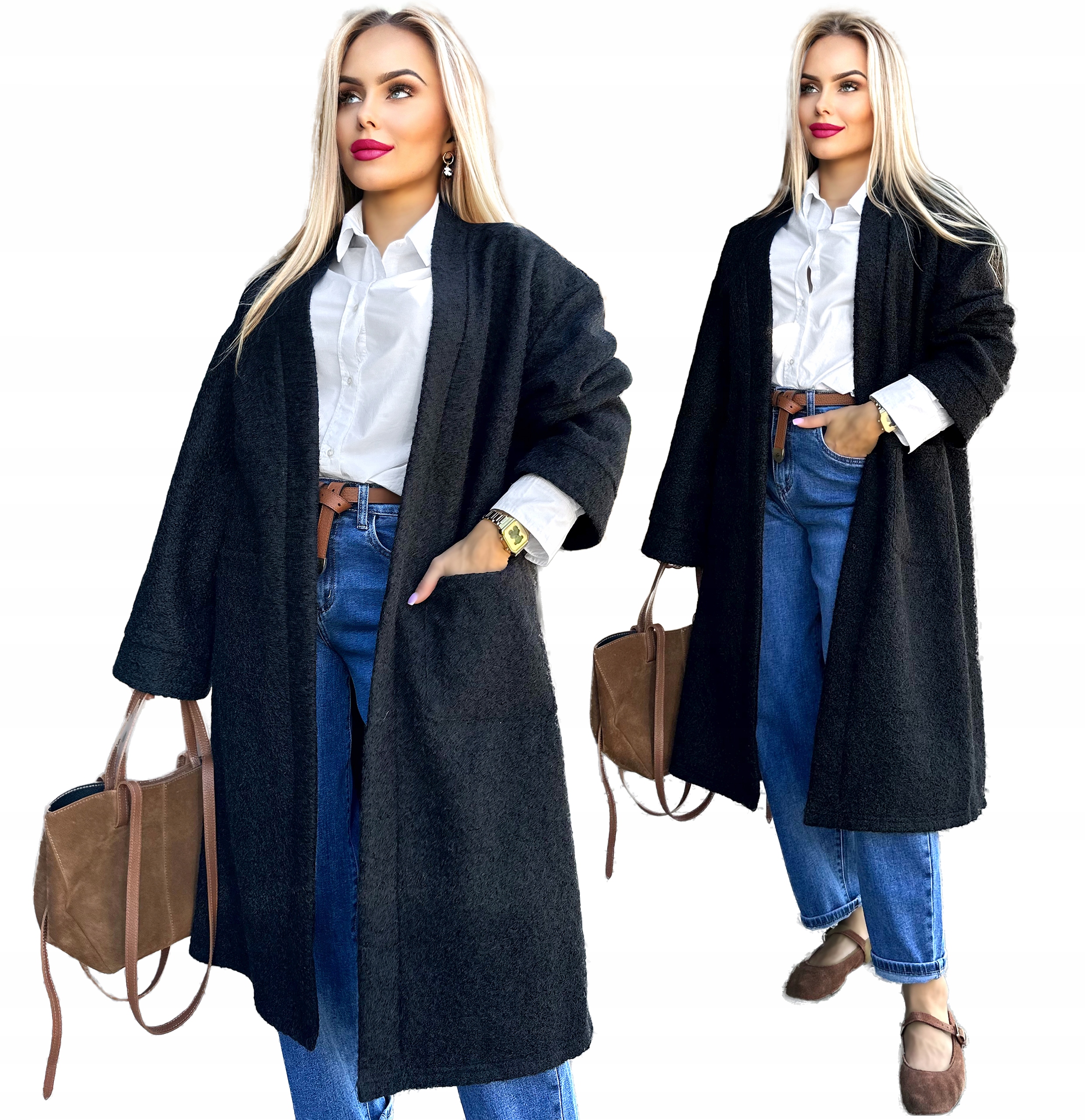 Długi kardigan Płaszcz damski narzutka przejściowy jesienny Viki