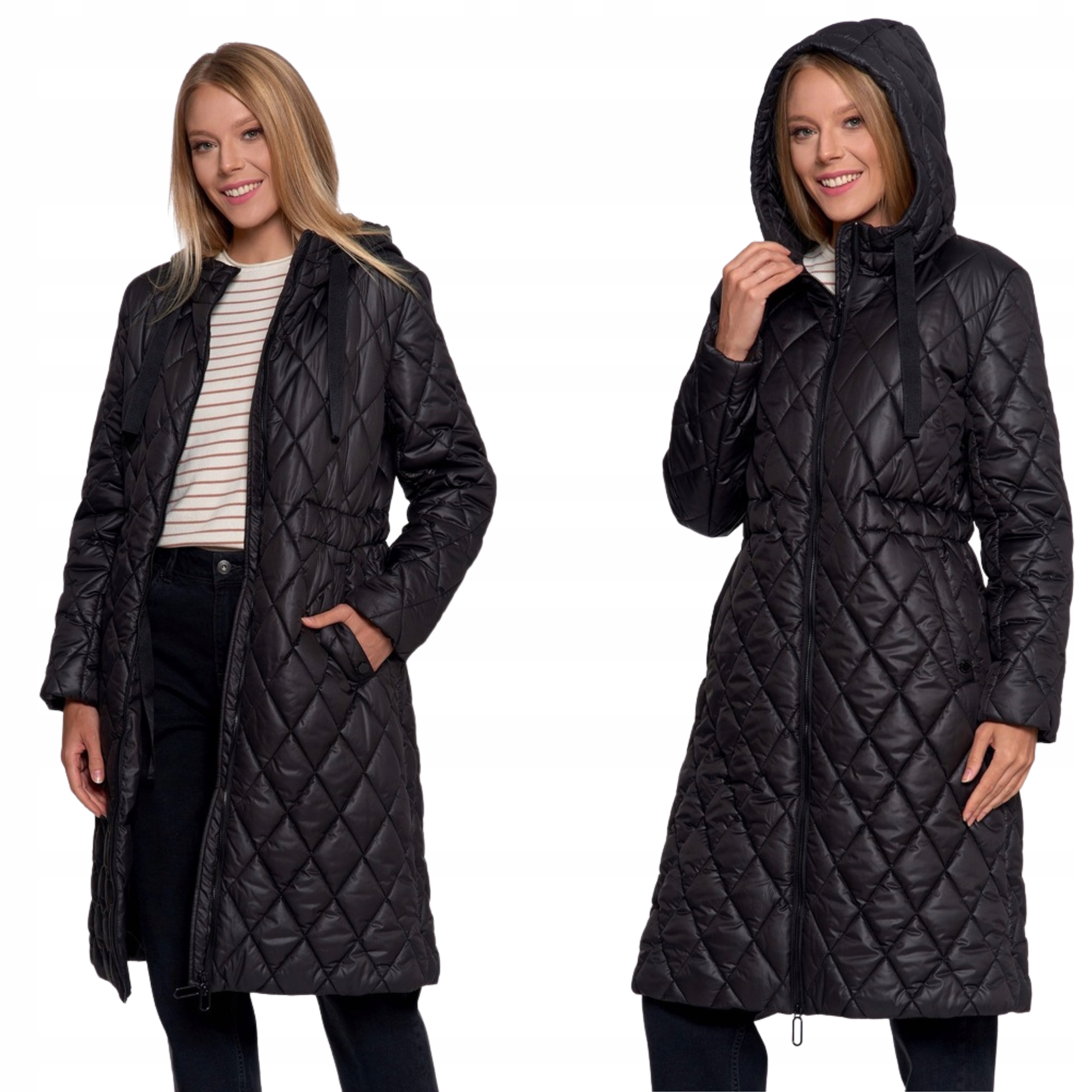 Kurtka Damska Długa Płaszcz Z Kapturem Pikowany Na Jesień Modny Moraj M