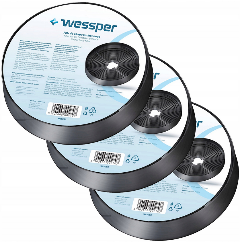 3x FILTR WĘGLOWY DO OKAPU KUCHENNEGO Akpo Wk-4 Wk-5 Wk-6 Wk-9 - 17 x 3,6 cm Marka WESSPER