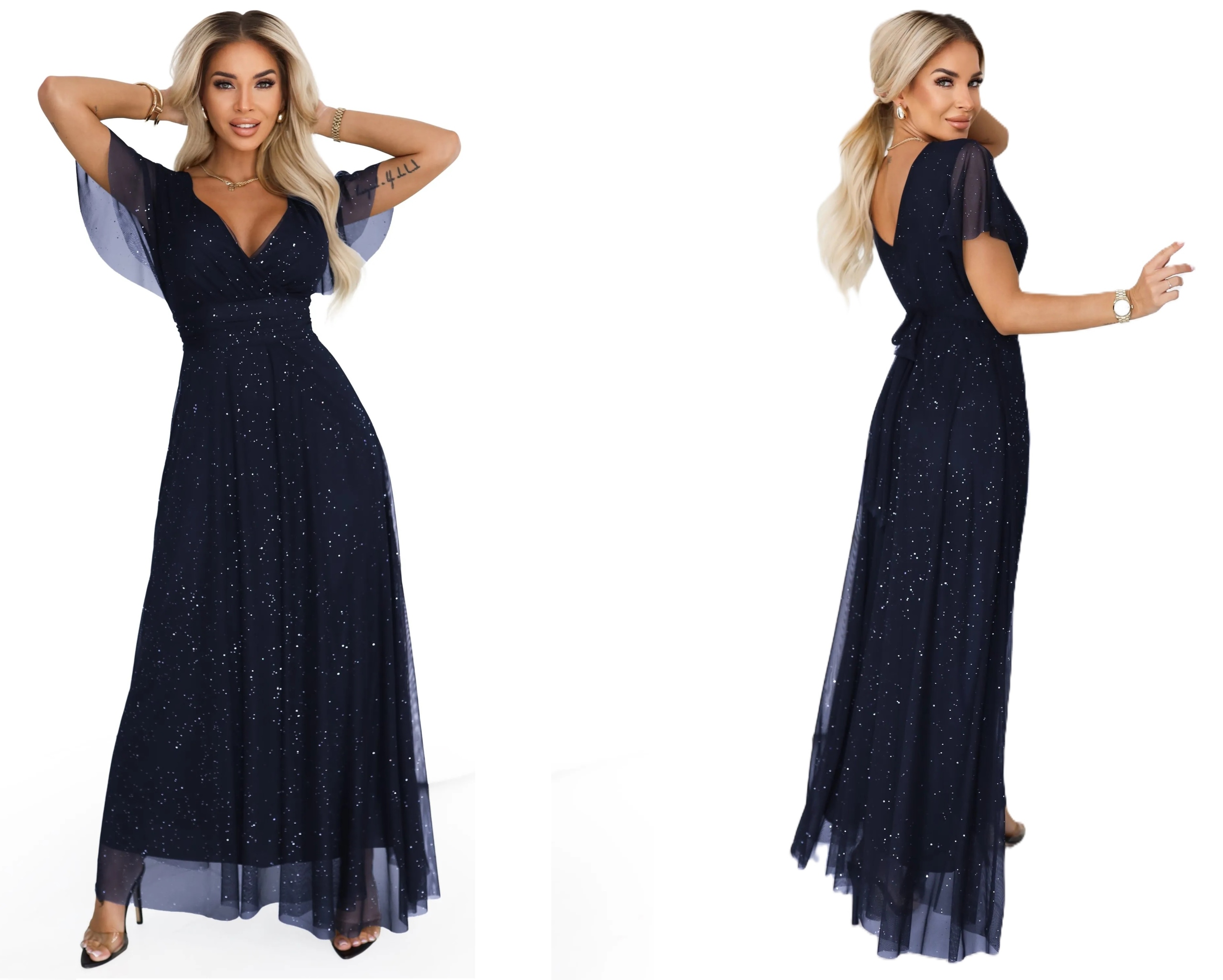 Lesklá Dlouhá Sukně S Tylem Na Silvestrovský Ples, Brokát, Modrá Barva