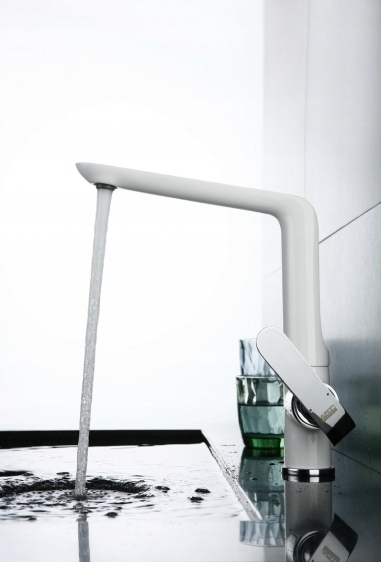 

Bateria Kuchenna Zlew Wysoka Wylewka Biała Chrom