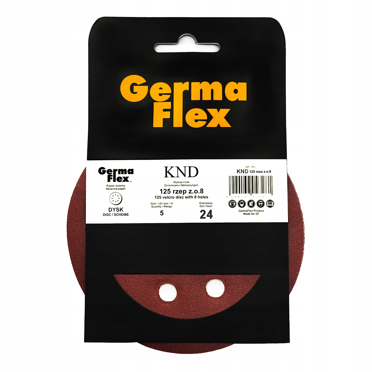 Krążek papier ścierny na rzep z 8 otworami 125mm gr.24 Knd GermaFlex 5 szt.