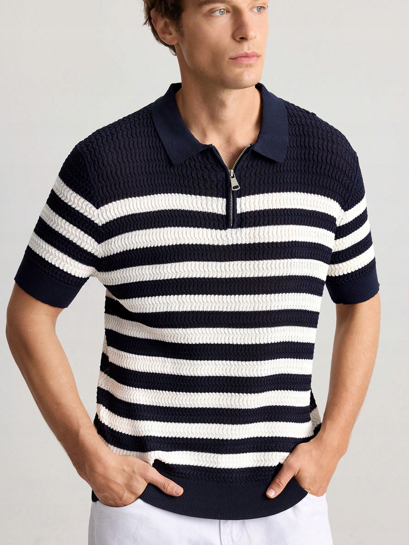 Pánský Pruhovaný Polo Svetr S Krátkým Rukávem Casual Ontre, Velikost 40