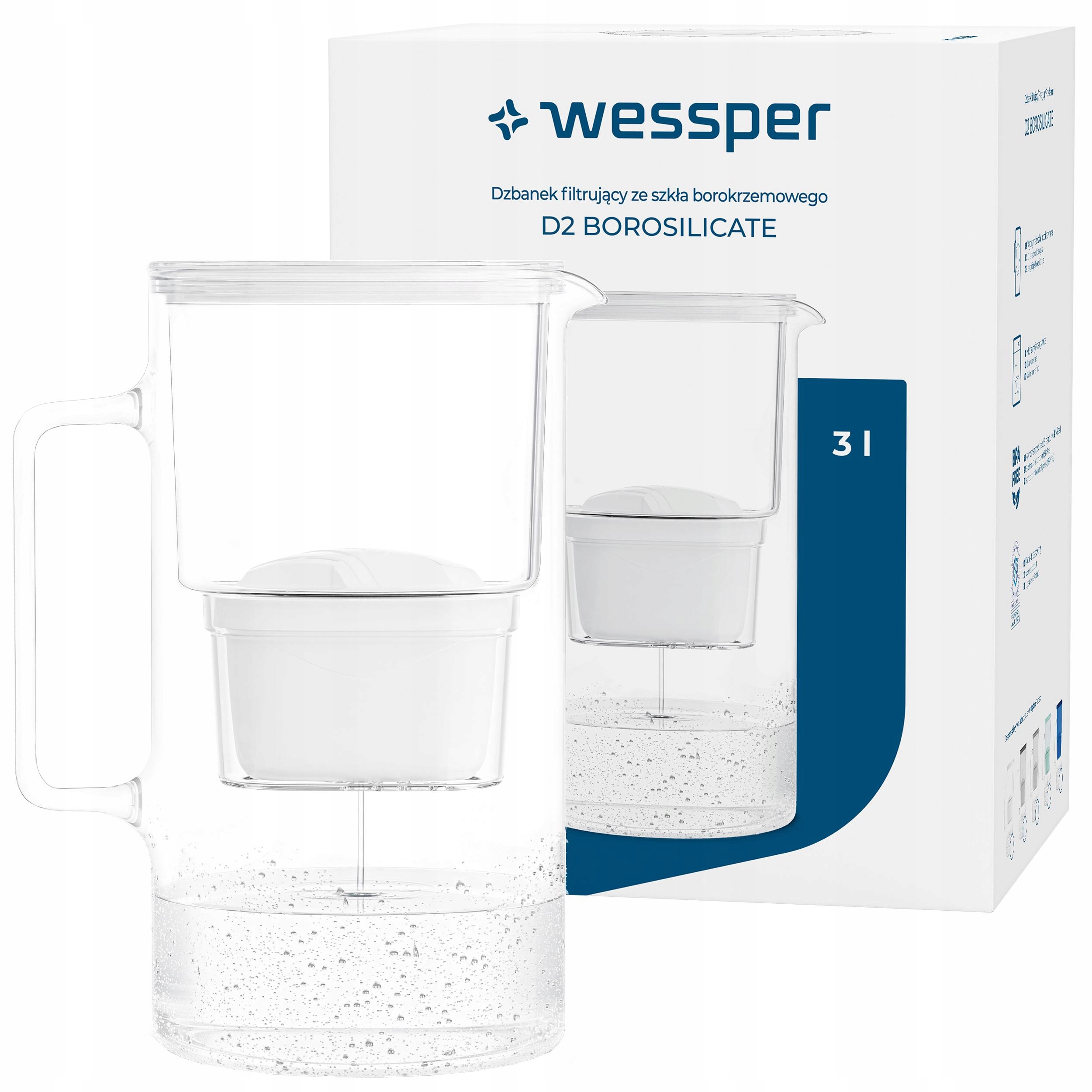 Dzbanek filtrujący szklany Wessper D2 Borosilicate 3l biały 1x filtr