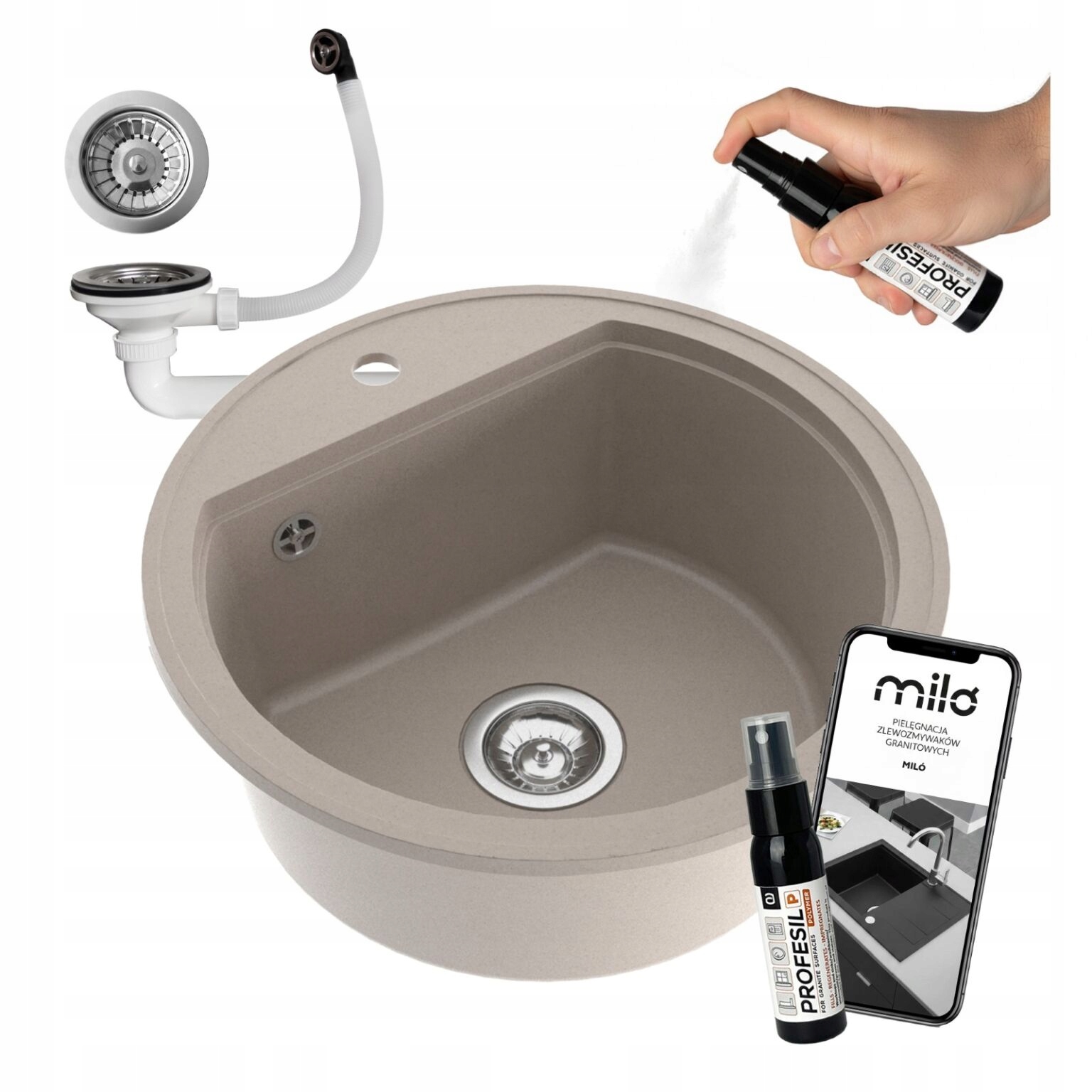 Granitový Drez Jednokomorový Okrúhly Oval Sifónový Set