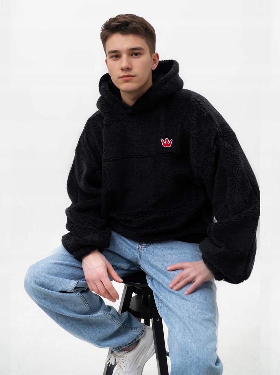 Mikina S Kapucí Pánská Oversize Sherpa Teddy Miš Jigga Koruna Černá XL