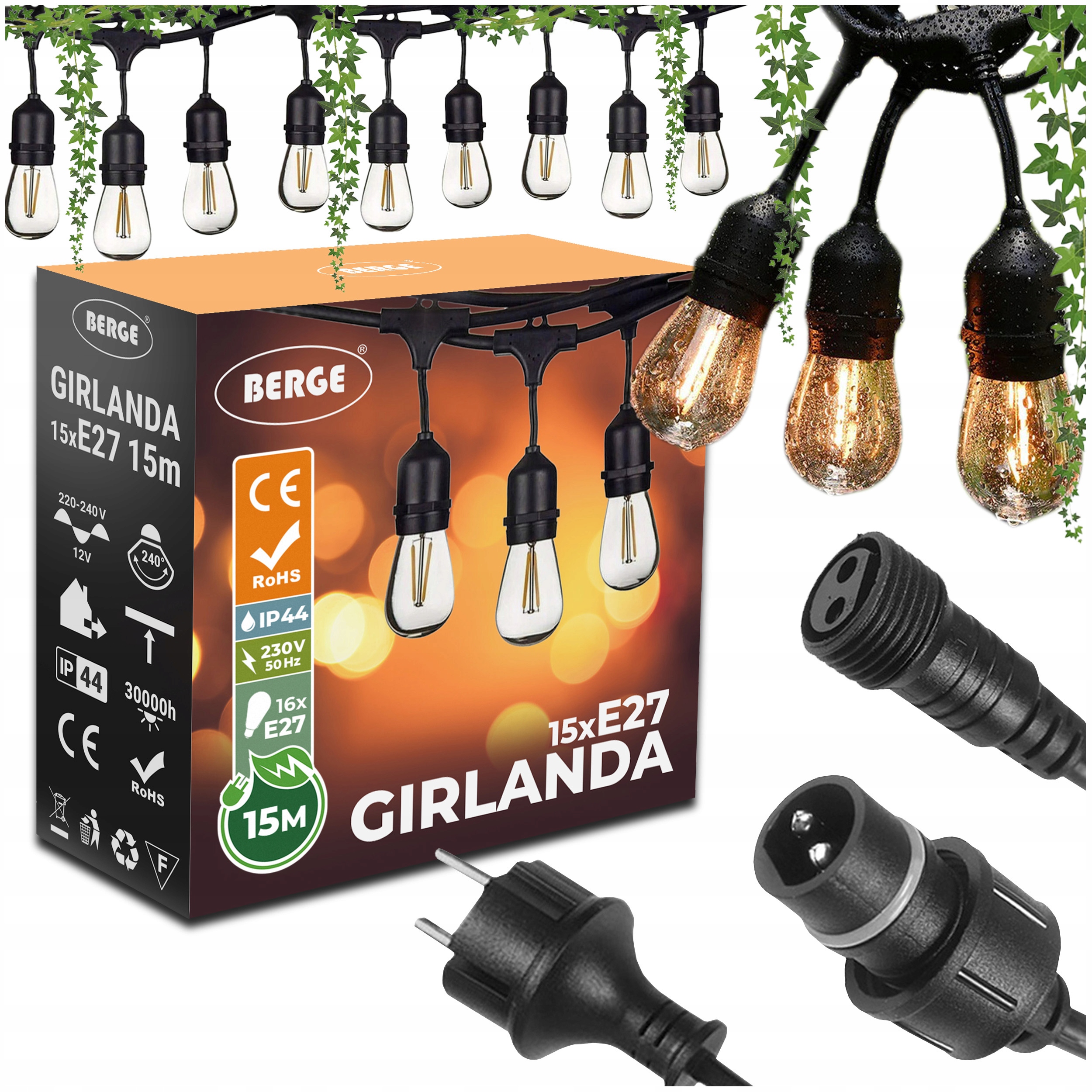 Zahradní světelná girlanda 15 m 16 x Led žárovka 1 W Venkovní vodotěsná