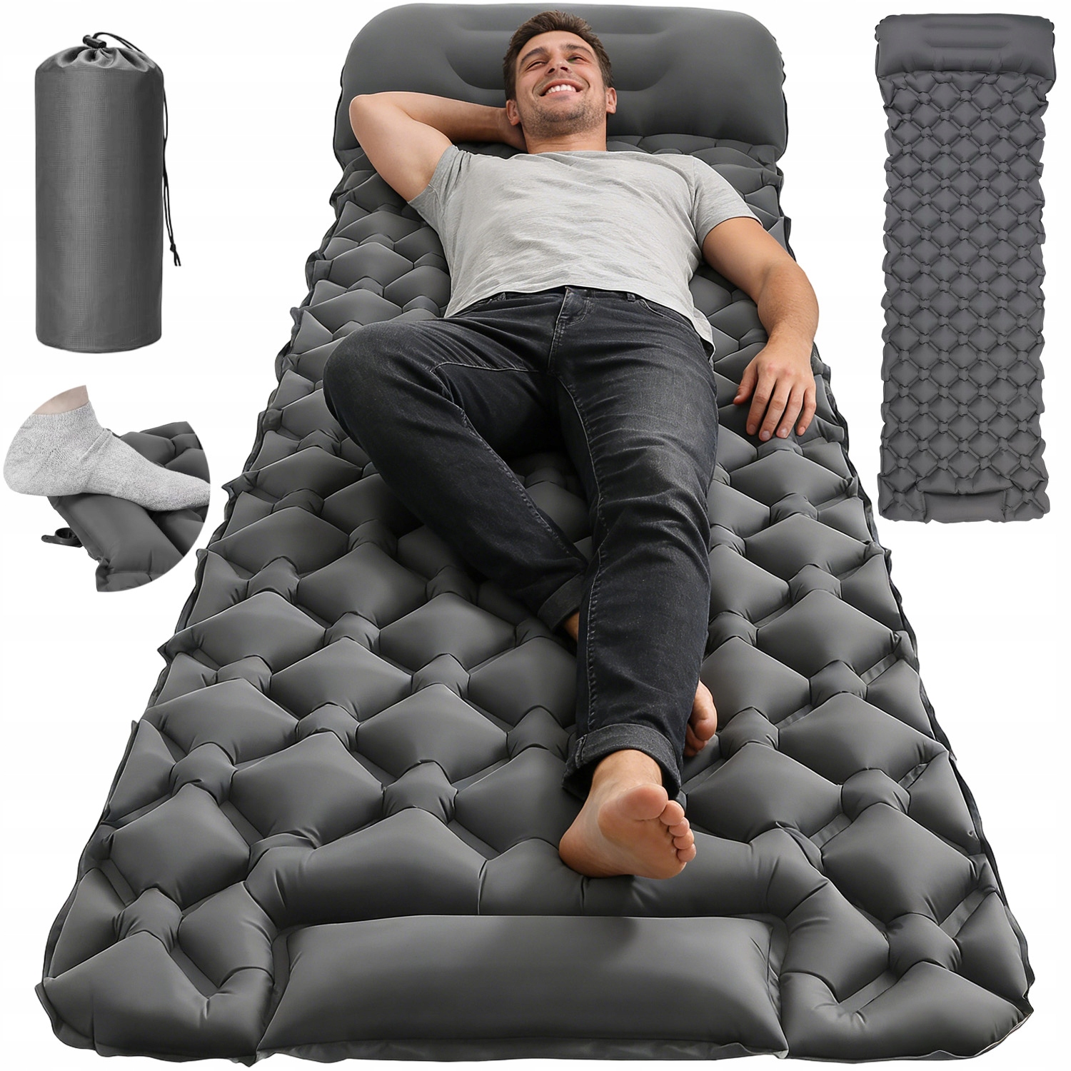 Materac Dmuchany Do Śpiwór Biwak Kemping Wbudowaną Pompką 195X60X5,5CM