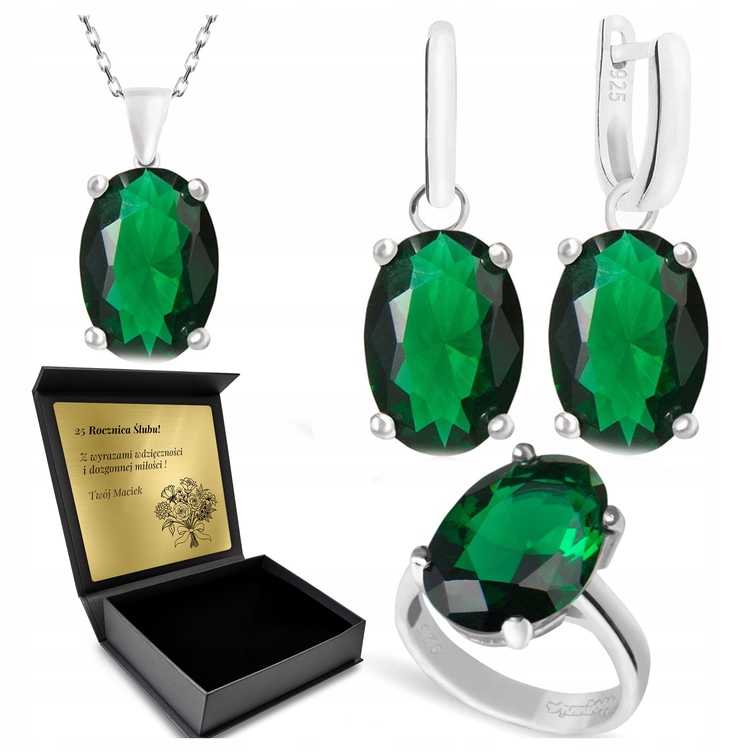 Sada Stříbrných Šperků 925 Se Smaragdem Sada Pro Ženu Gravírování