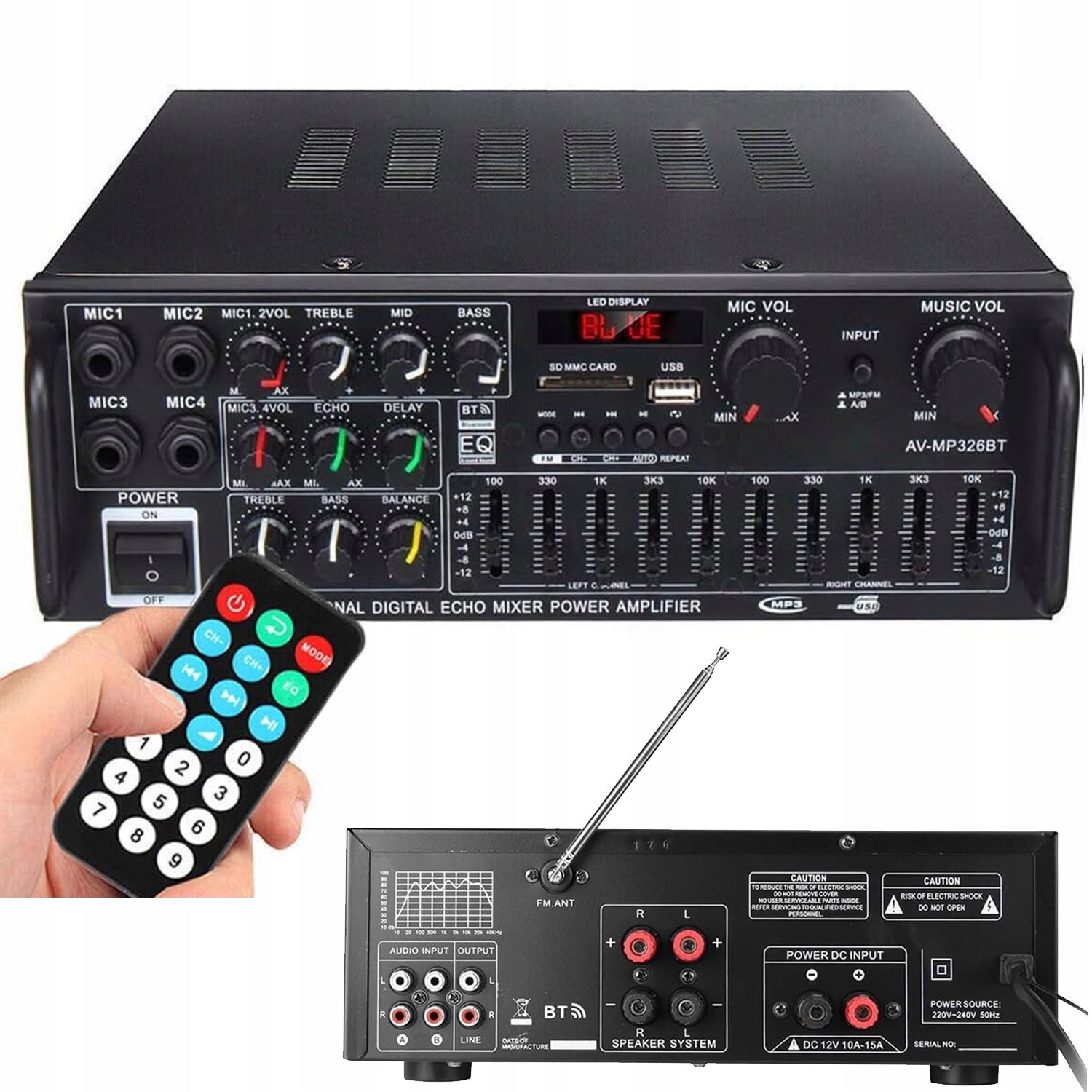 Zesilovač Stereo Bluetooth MP3 1200W DC12V Dálkové Ovládání