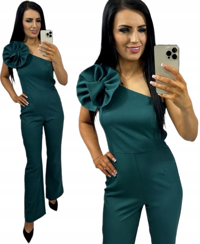 Dámská elegantní kombinéza na jedno rameno pro Svatební Hostina Mořská Zeleň s růží L