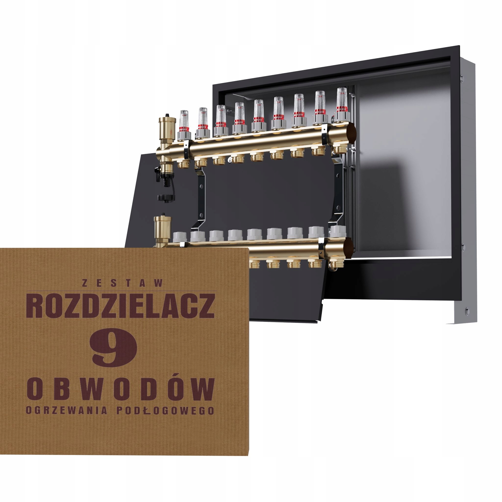 Rozdělovač pro mosaznou podlahu 9-okruhový a podomítkový box, černý