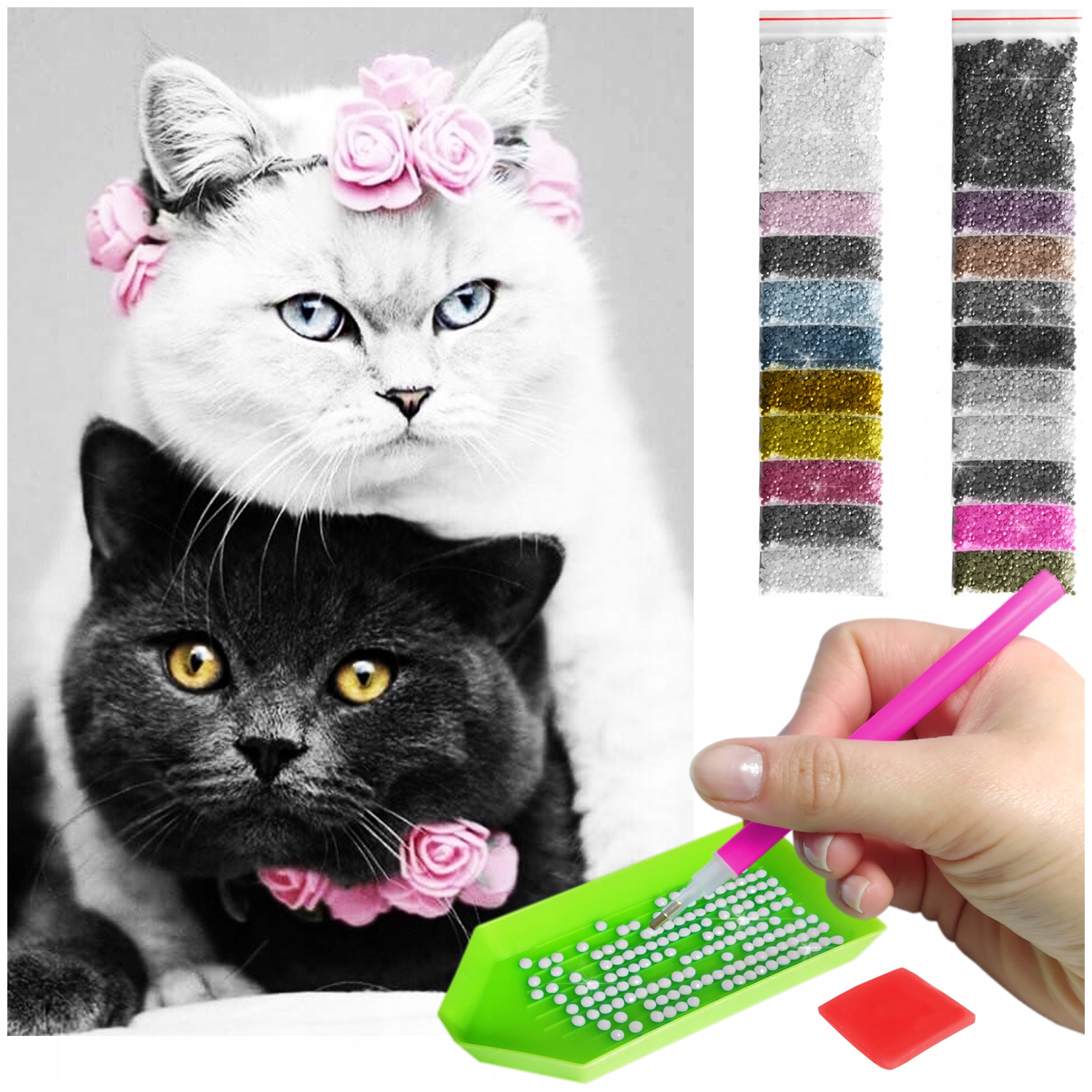 Kočky Výšivka Diamond diamond painting mozaika zvířata bílá černá 60x40