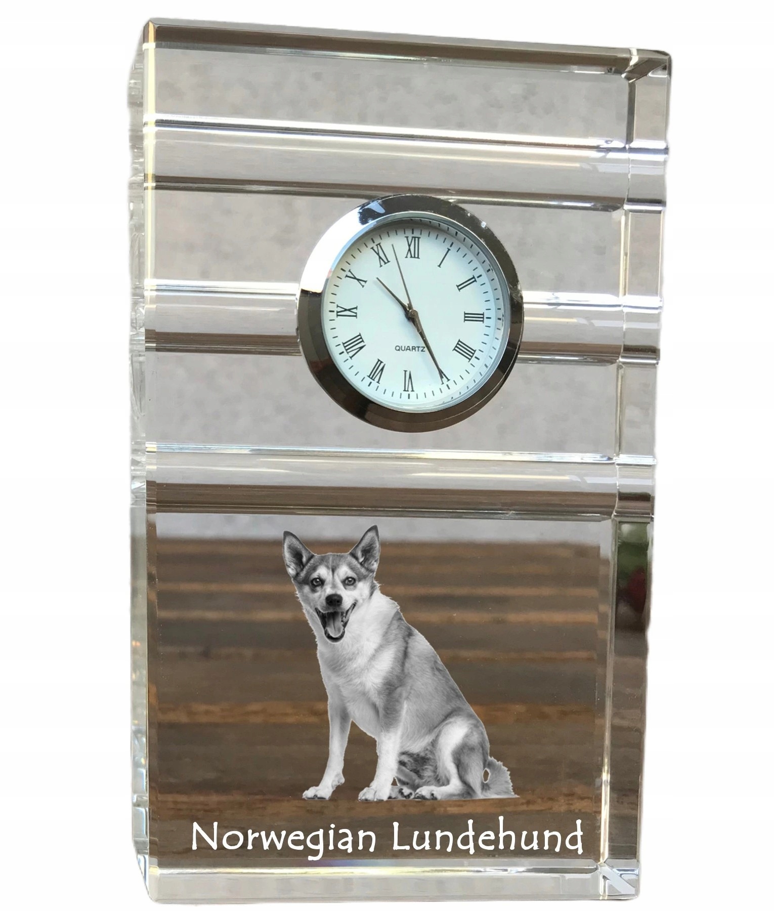 Norsk Lundehund krištáľové stolové hodinky so psom, s vašou fotografiou