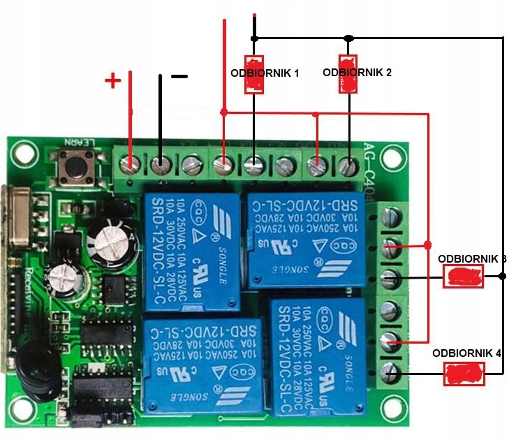 Sterownik 2 piloty 4 kanały 4x10A zasilanie 24V zdalne sterowanie MT-C404 Model MT-C404-24V